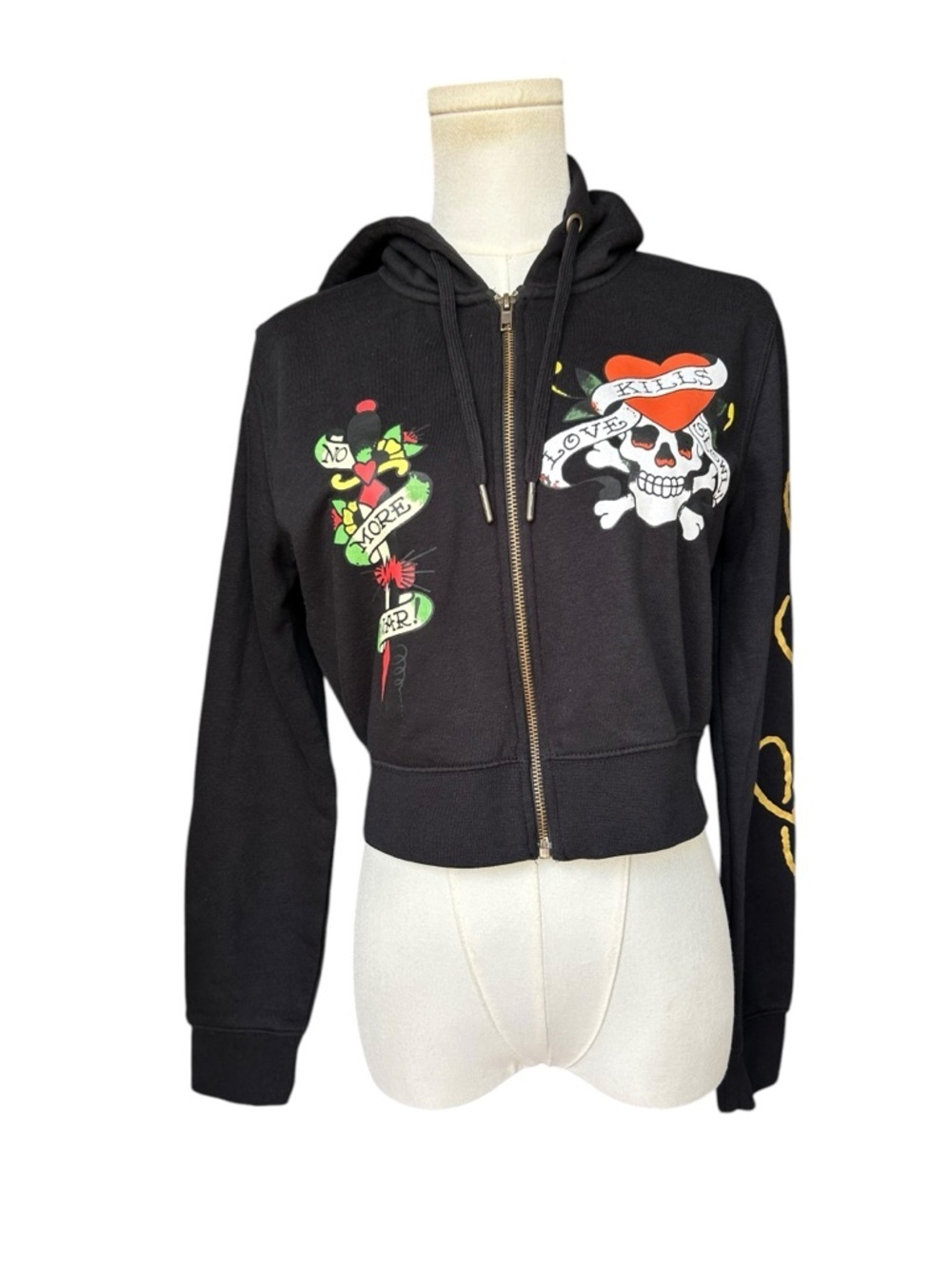 Ed Hardy Zip Hoodie Womens Large Black Love Kills Slowly Skull Graphic Crop - Picture 3 of 12
